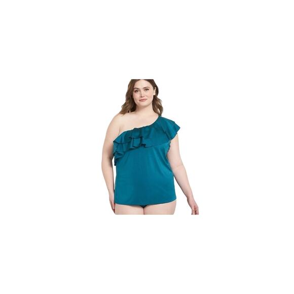Cacique Swim Plus 4X 36 Lightly Lined No Wire One Shoulder Ruffle Tankini Top - Picture 2 of 16